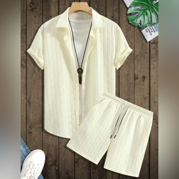 Apricot Manfinity Homme Men Solid Shirt & Short Set - Picture 3 of 6